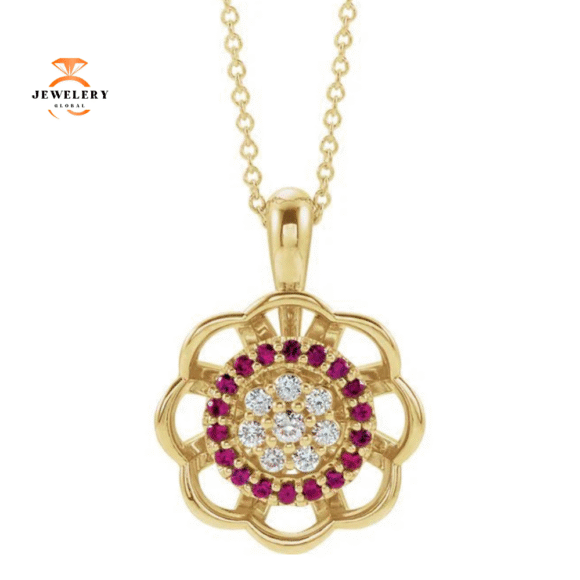 14KT GOLD RUBY & DIAMOND FLOWER HALO NECKLACE - Image 5