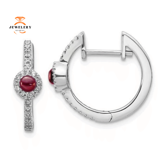 14KT WHITE GOLD 0.45 CTW GARNET & 0.20 CTW DIAMOND HOOP EARRINGS