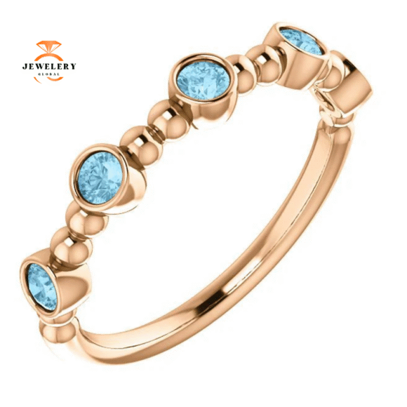 14KT GOLD 0.30 CTW AQUAMARINE BEZEL-SET 5 STONE BEADED RING