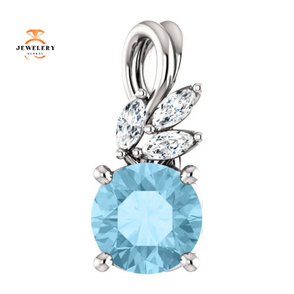 14KT GOLD 0.75 CT AQUAMARINE & 0.10 CTW DIAMOND FLORAL PENDANT - Image 4
