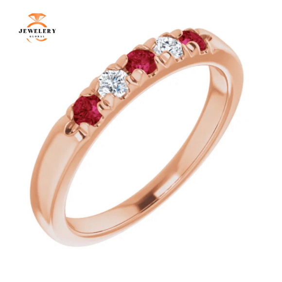 14KT GOLD 0.27 CTW RUBY & 0.12 CTW DIAMOND FRENCH-SET 5 STONE BAND