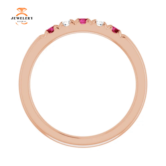 14KT GOLD 0.27 CTW RUBY & 0.12 CTW DIAMOND FRENCH-SET 5 STONE BAND - Image 2