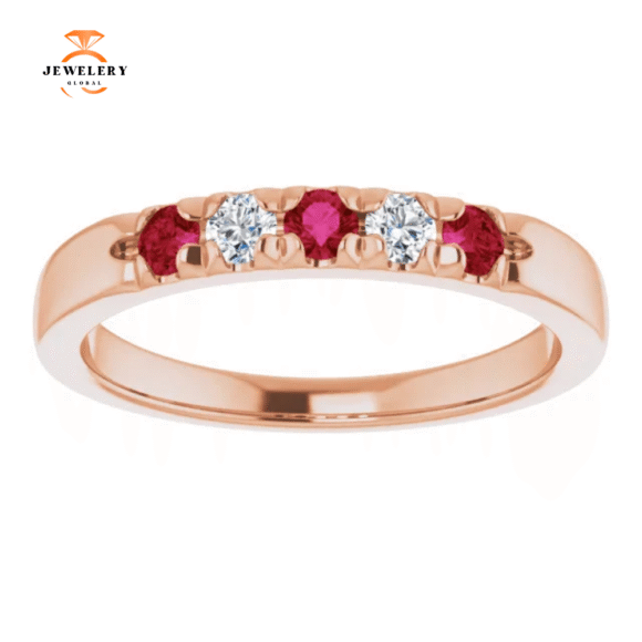 14KT GOLD 0.27 CTW RUBY & 0.12 CTW DIAMOND FRENCH-SET 5 STONE BAND - Image 3