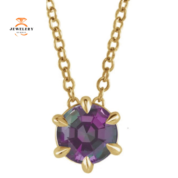 14KT GOLD GENUINE PETITE 0.29 CT ALEXANDRITE 6 PRONG SOLITAIRE NECKLACE - Image 2