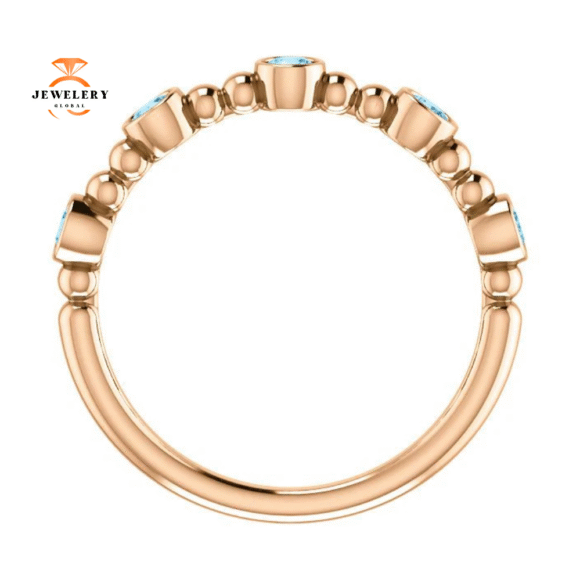 14KT GOLD 0.30 CTW AQUAMARINE BEZEL-SET 5 STONE BEADED RING - Image 2