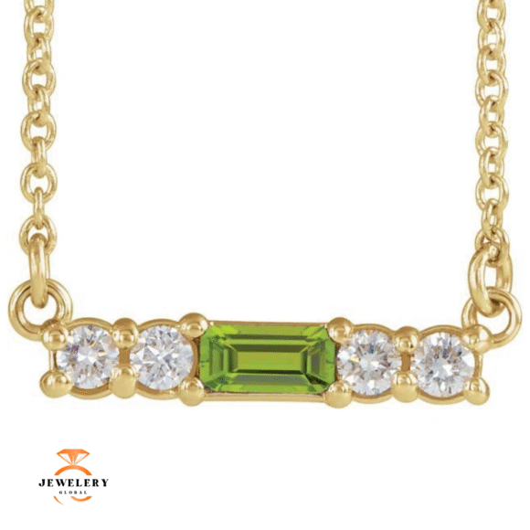 14KT GOLD PETITE PERIDOT & DIAMOND ACCENT BAR NECKLACE - Image 3