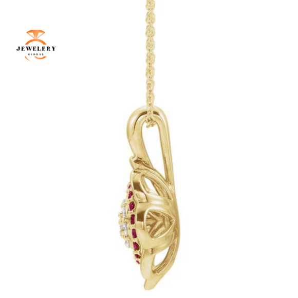 14KT GOLD RUBY & DIAMOND FLOWER HALO NECKLACE - Image 6