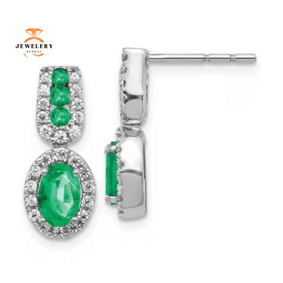 14KT WHITE GOLD .92 CTW EMERALD & .30 CTW DIAMOND HALO DROP EARRINGS