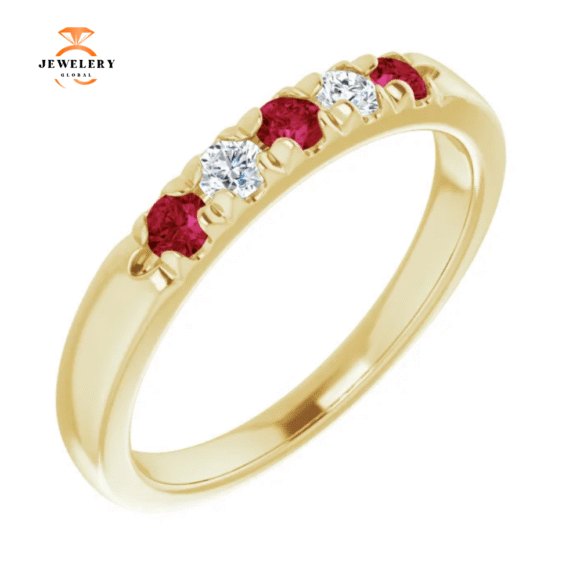 14KT GOLD 0.27 CTW RUBY & 0.12 CTW DIAMOND FRENCH-SET 5 STONE BAND - Image 6