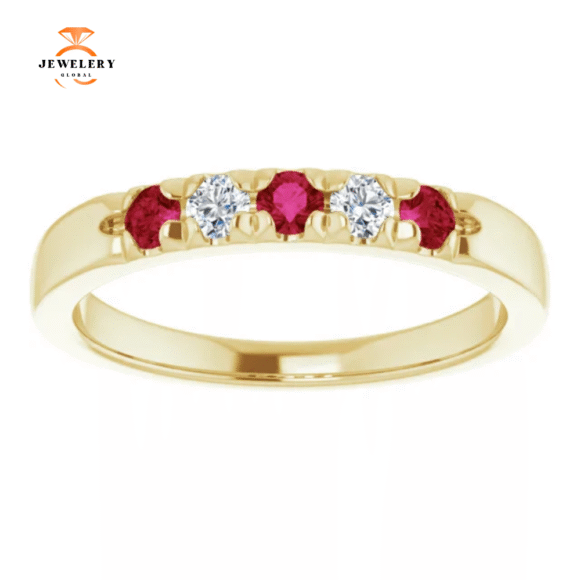 14KT GOLD 0.27 CTW RUBY & 0.12 CTW DIAMOND FRENCH-SET 5 STONE BAND - Image 8