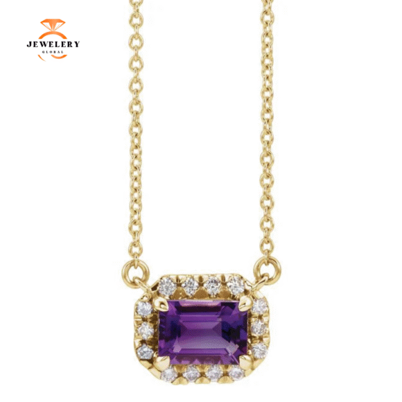 14KT GOLD 0.28 CT AMETHYST & 0.15 CTW DIAMOND EMERALD HALO NECKLACE