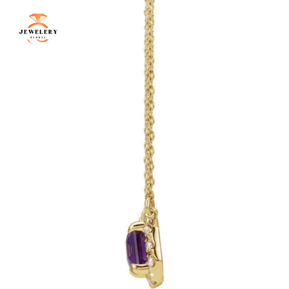 14KT GOLD 0.28 CT AMETHYST & 0.15 CTW DIAMOND EMERALD HALO NECKLACE - Image 2