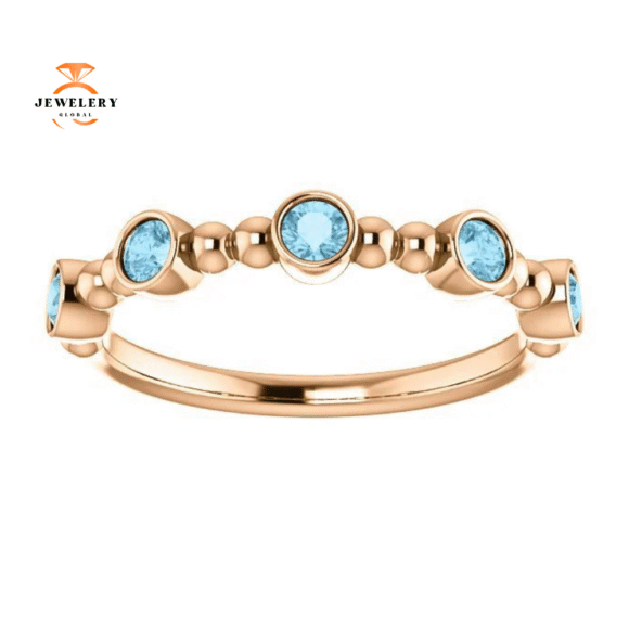 14KT GOLD 0.30 CTW AQUAMARINE BEZEL-SET 5 STONE BEADED RING - Image 3