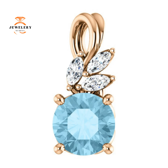 14KT GOLD 0.75 CT AQUAMARINE & 0.10 CTW DIAMOND FLORAL PENDANT