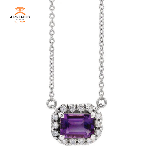 14KT GOLD 0.28 CT AMETHYST & 0.15 CTW DIAMOND EMERALD HALO NECKLACE - Image 5