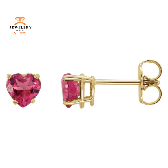 14KT GOLD 1.00 CARAT HEART PINK TOURMALINE STUD EARRINGS - Image 3