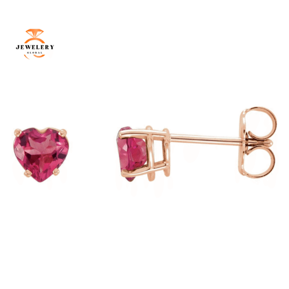 14KT GOLD 1.00 CARAT HEART PINK TOURMALINE STUD EARRINGS - Image 5