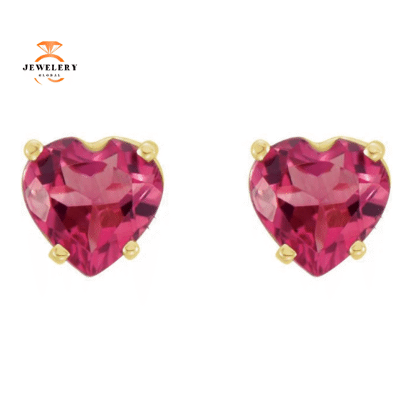 14KT GOLD 1.00 CARAT HEART PINK TOURMALINE STUD EARRINGS - Image 4