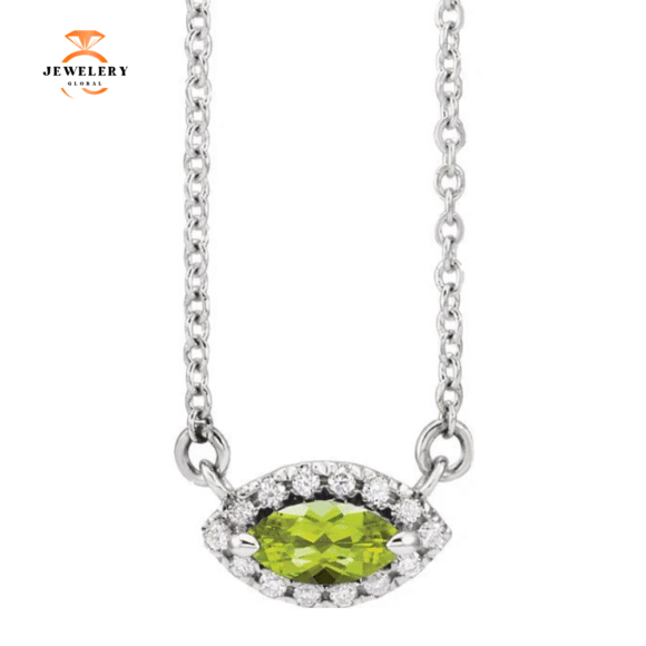 14KT GOLD 0.28 CT PERIDOT & .06 CTW DIAMOND FRENCH-SET HALO NECKLACE