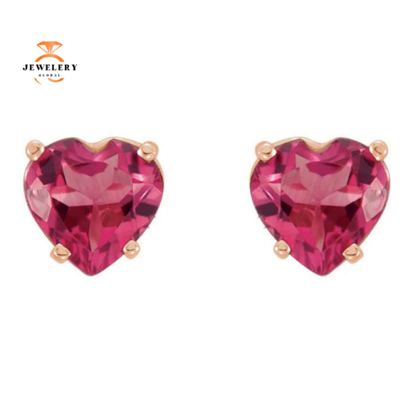 14KT GOLD 1.00 CARAT HEART PINK TOURMALINE STUD EARRINGS - Image 6