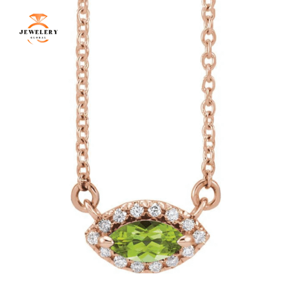 14KT GOLD 0.28 CT PERIDOT & .06 CTW DIAMOND FRENCH-SET HALO NECKLACE - Image 3