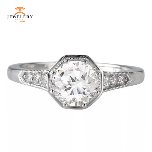14KT 1/8 CTW DIAMOND OCTAGON VINTAGE MILGRAIN SETTING FOR 1CT ROUND - Image 2