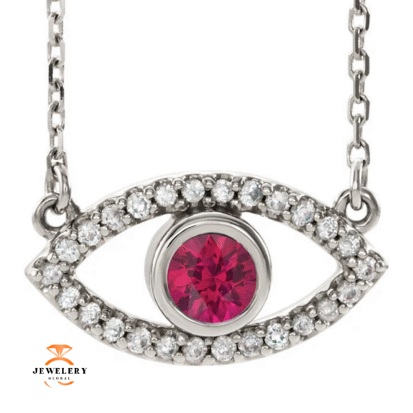 14KT GOLD RUBY & WHITE SAPPHIRE EVIL EYE 18" NECKLACE