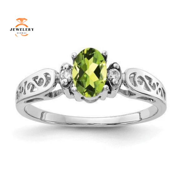 14KT WHITE GOLD 0.45 CTW OVAL PERIDOT AND DIAMOND RING