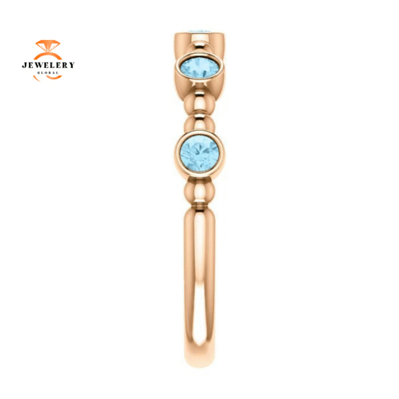 14KT GOLD 0.30 CTW AQUAMARINE BEZEL-SET 5 STONE BEADED RING - Image 4
