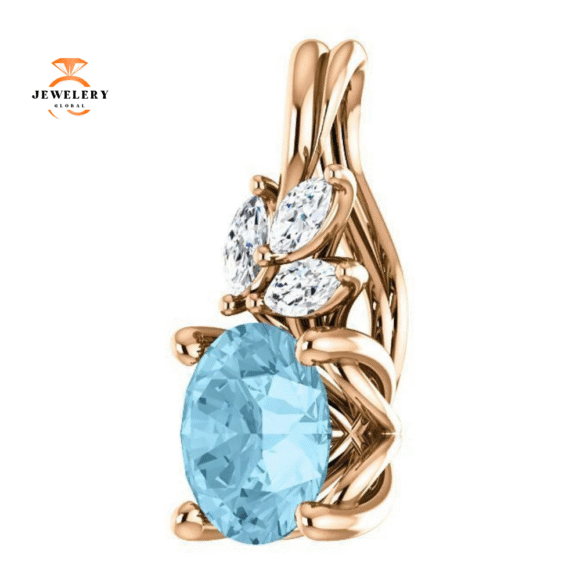 14KT GOLD 0.75 CT AQUAMARINE & 0.10 CTW DIAMOND FLORAL PENDANT - Image 2