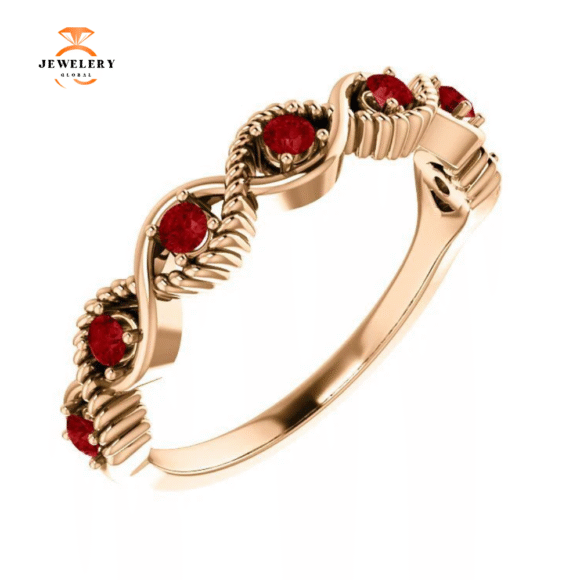 14KT GOLD 0.28 CTW RUBY BEADED STACKABLE 7 STONE TWIST RING