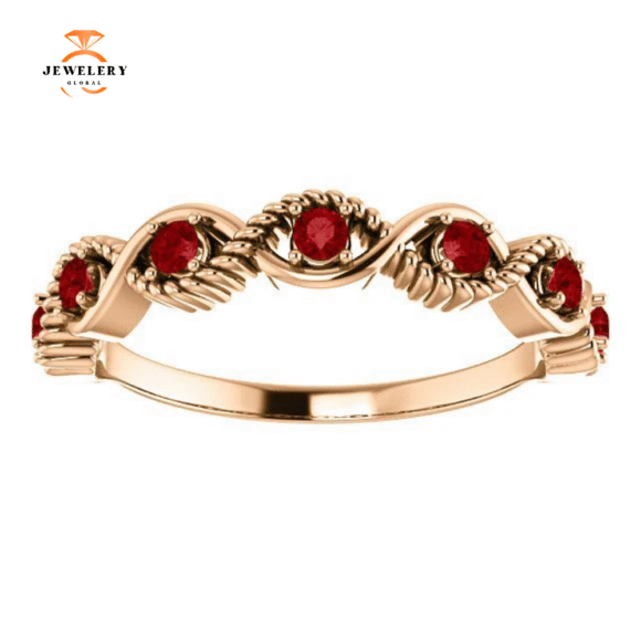 14KT GOLD 0.28 CTW RUBY BEADED STACKABLE 7 STONE TWIST RING - Image 3