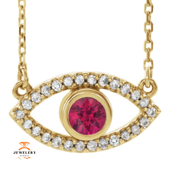 14KT GOLD RUBY & WHITE SAPPHIRE EVIL EYE 18" NECKLACE - Image 2