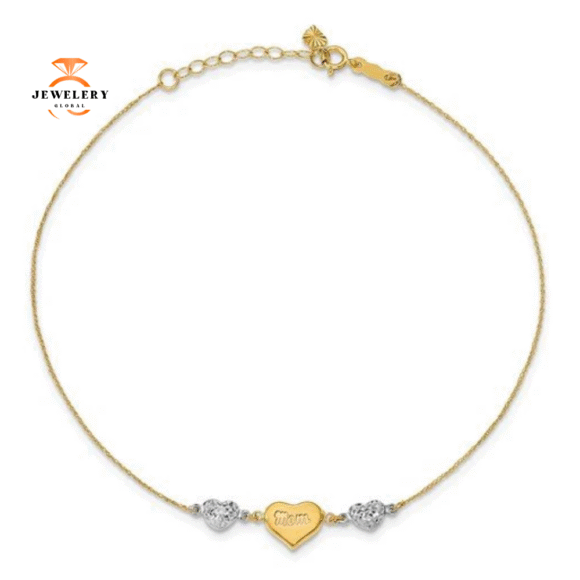 14KT TWO-TONE GOLD PUFFED HEARTS "MOM" ANKLET