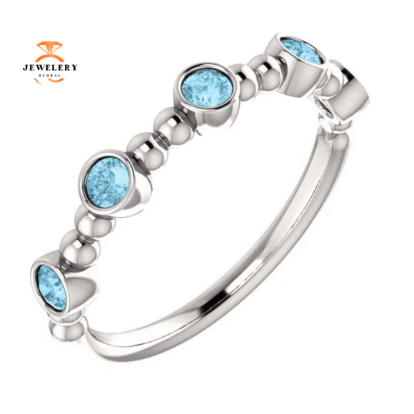 14KT GOLD 0.30 CTW AQUAMARINE BEZEL-SET 5 STONE BEADED RING - Image 9