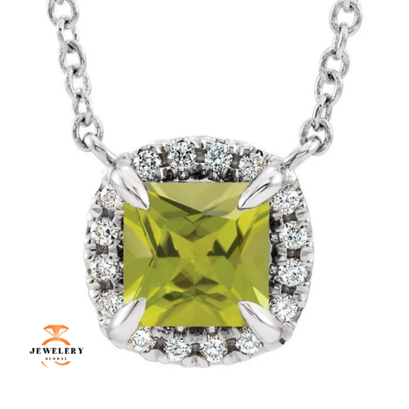 14KT GOLD 0.40 CT PERIDOT & .06 CTW DIAMOND HALO NECKLACE