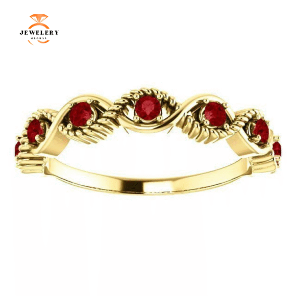 14KT GOLD 0.28 CTW RUBY BEADED STACKABLE 7 STONE TWIST RING - Image 7