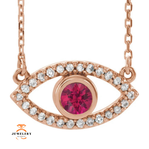 14KT GOLD RUBY & WHITE SAPPHIRE EVIL EYE 18" NECKLACE - Image 3