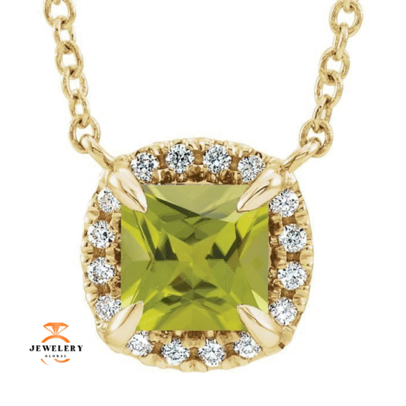 14KT GOLD 0.40 CT PERIDOT & .06 CTW DIAMOND HALO NECKLACE - Image 3