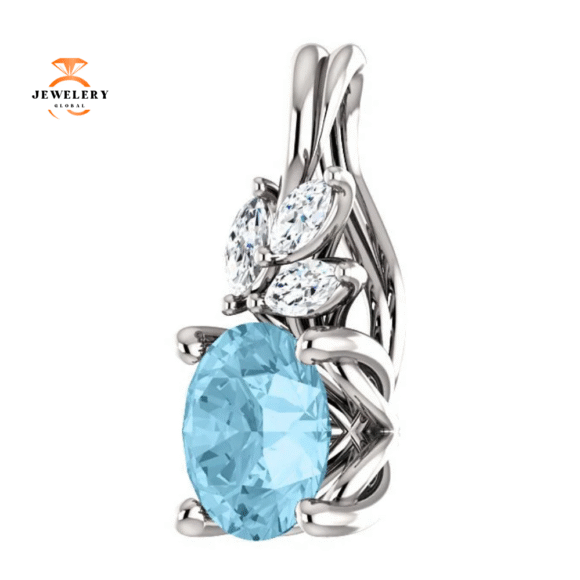 14KT GOLD 0.75 CT AQUAMARINE & 0.10 CTW DIAMOND FLORAL PENDANT - Image 5