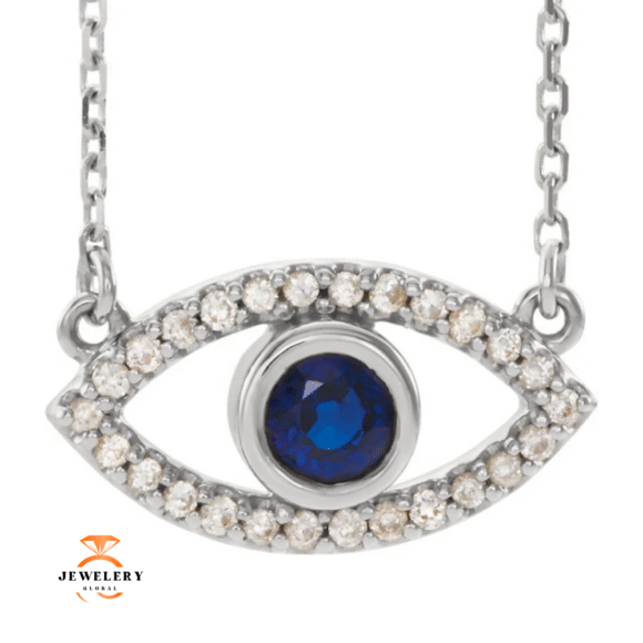 14KT GOLD DIAMOND AND SAPPHIRE EVIL EYE NECKLACE