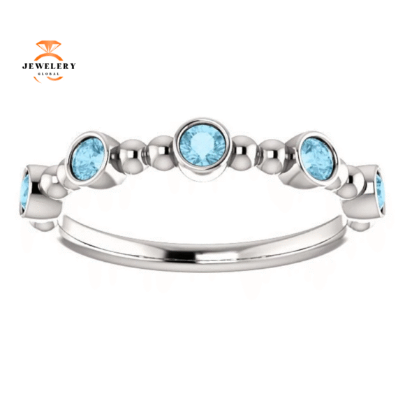 14KT GOLD 0.30 CTW AQUAMARINE BEZEL-SET 5 STONE BEADED RING - Image 11