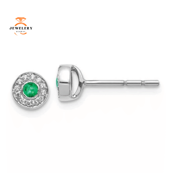 14KT WHITE GOLD 0.11 CTW EMERALD & 0.07 CTW DIAMOND HALO EARRINGS