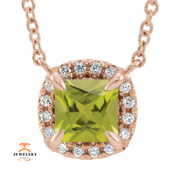 14KT GOLD 0.40 CT PERIDOT & .06 CTW DIAMOND HALO NECKLACE - Image 2