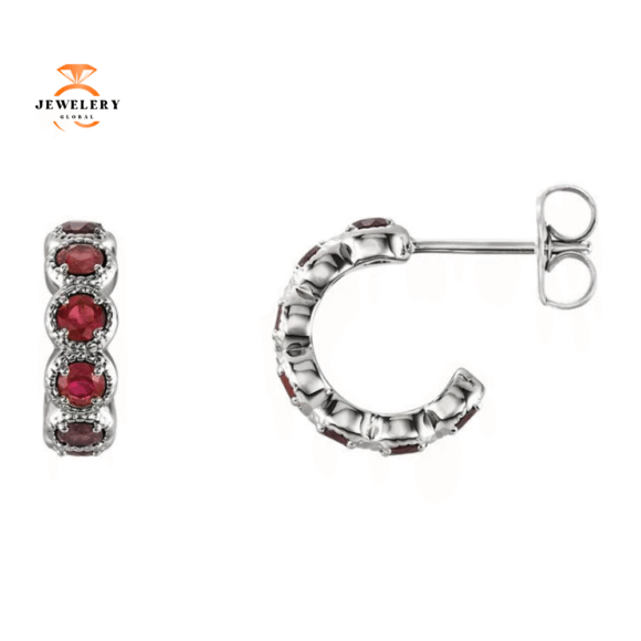 14KT GOLD 1.25 CTW ROUND GARNET J HOOP EARRINGS - Image 2