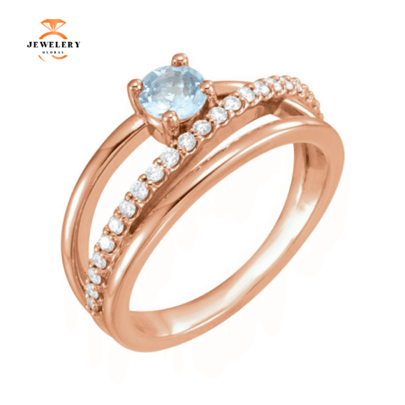 14KT GOLD 0.30 CT AQUAMARINE & 1/4 CTW DIAMOND BYPASS RING