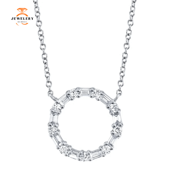 14KT GOLD .29 CTW BAGUETTE & ROUND DIAMOND CIRCLE NECKLACE