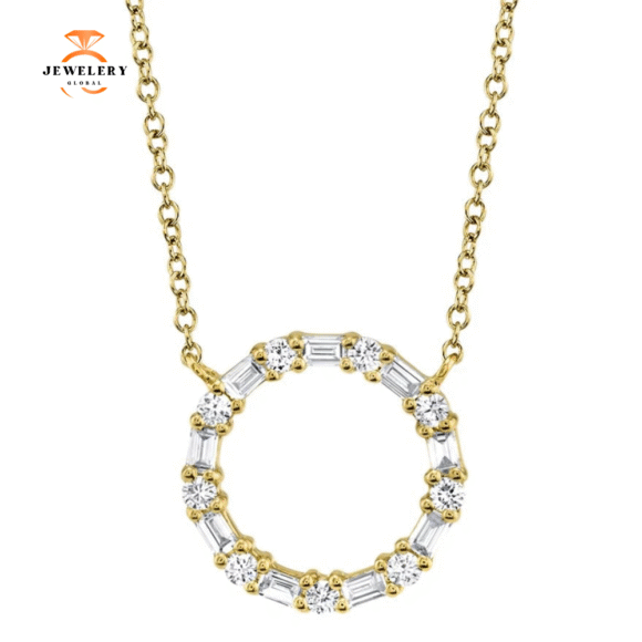 14KT GOLD .29 CTW BAGUETTE & ROUND DIAMOND CIRCLE NECKLACE - Image 2