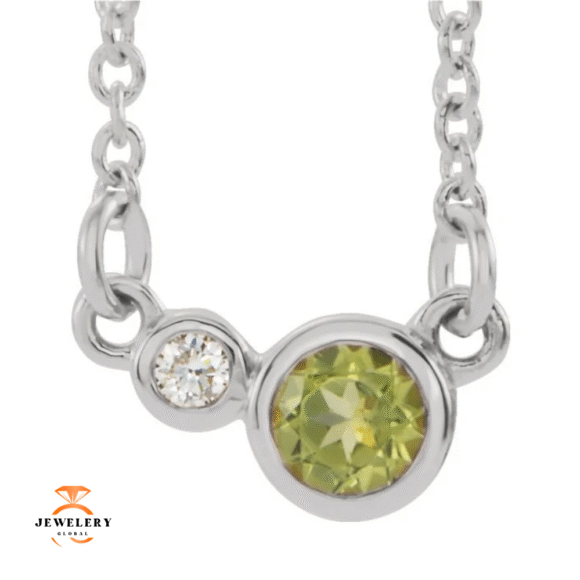 14KT GOLD 0.30 CT PERIDOT & 0.03 CTW DIAMOND 2 STONE BEZEL-SET NECKLACE