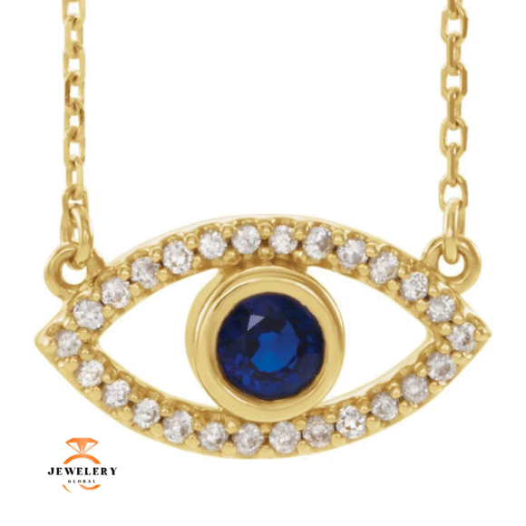 14KT GOLD DIAMOND AND SAPPHIRE EVIL EYE NECKLACE - Image 2